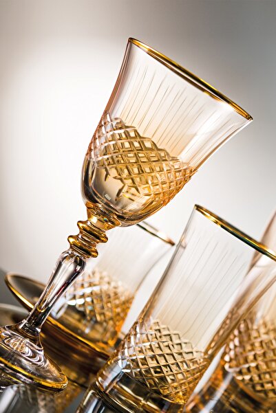 KCD Antik Sarı Kesme El Dekor Yaldızlı Desenli Cam 6 Adet Ayaklı Bardak Kadeh