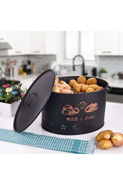LUCKYHOMES Siyah Büyük Boy Metal Bölmeli Patates Soğan Saklama Kovası Mtlblm-2