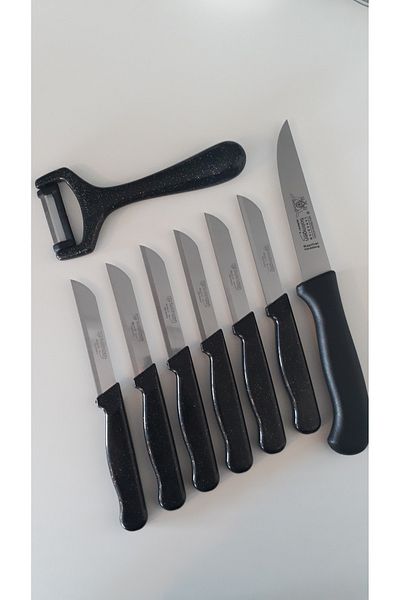 Solingen Set of 6 Glitter Black Fruit Knives, Flat Peeler and Black Handle Kitchen Knife