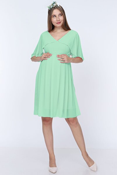 MODA LABİO Melek Kol Kısa Hamile Elbisesi Mint Yeşili