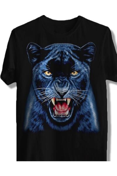 Erkek Siyah Panter Baskılı T-shirt