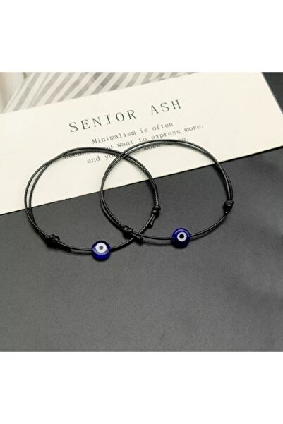 Platin 2 Adet Siyah Ipli Nazar Boncuğu Bileklik Çift Sevgili Bilekliği