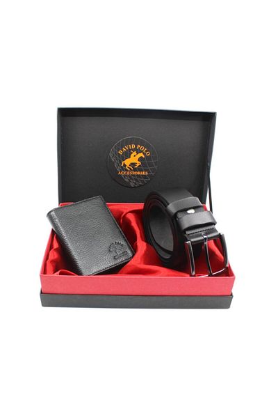 DAVID POLO Men's Black Genuine Leather Wallet and Belt Set
