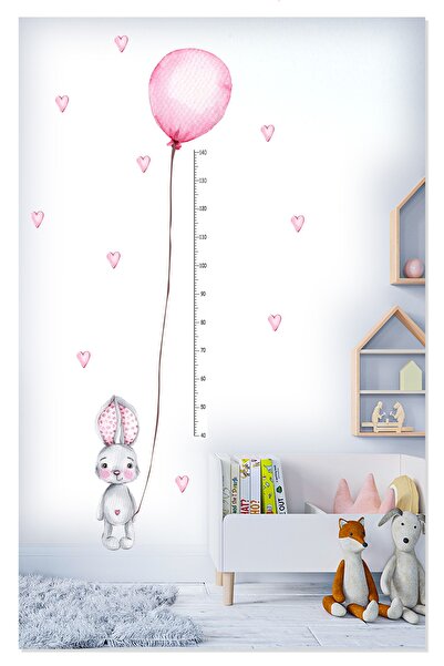 Sticker Sepetim Sevimli Tavşan Pembe Balon Ve Kalpler Boy Ve Gelişim Ölçer Ço...