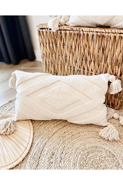 Hestia Home Kırlent El Yapımı Punch Işi Dekoratif Yastık Kılıfı 50x30 Krem