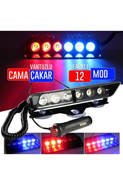 C9 S6 Flaşlı Kırmızı Mavi 6 Ledli Vantuzlu Çakmaklık Girişli 10 Modlu Profesy...