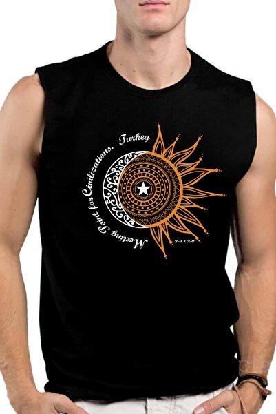 ROCKANDROLL أكمام مفرغة على شكل نجمة هلالية تركية سوداء للرجال | تي شيرت بلا ...