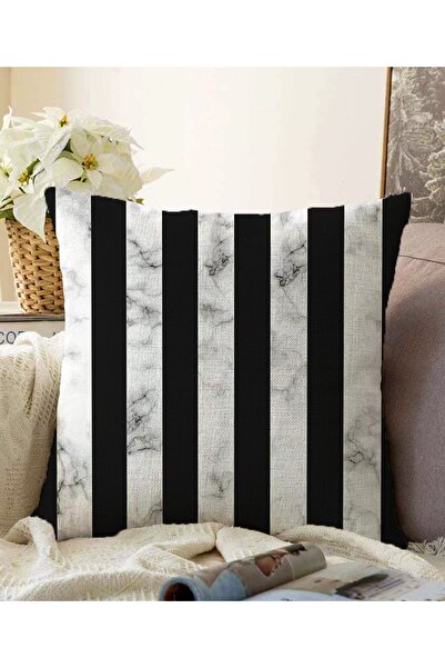 Realhomes غطاء وسادة راشيل محبوك من الرخام والأسود مخطط مزدوج الجوانب مطبوع ر...