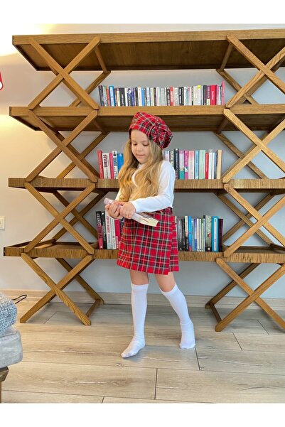 CutieCase Kız Bebek Kırmızı Ekoseli Mini Şort Etek Şapka Tişört Takımı