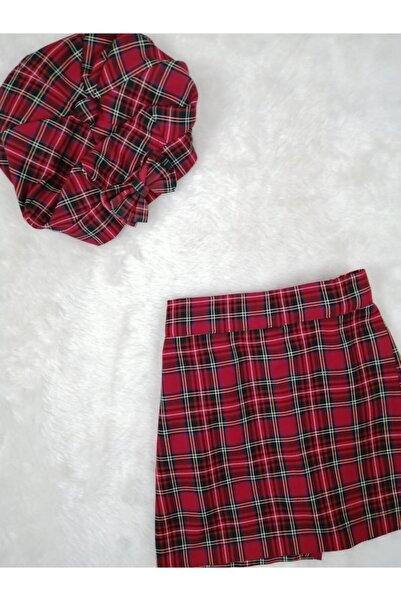 CutieCase Kız Bebek Kırmızı Ekoseli Mini Şort Etek Şapka Tişört Takımı