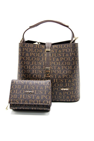 Just Polo Kadın Kahverengi Baskı Desenli Kilit Detaylı El Ve Omuz Çanta Ve Cü...