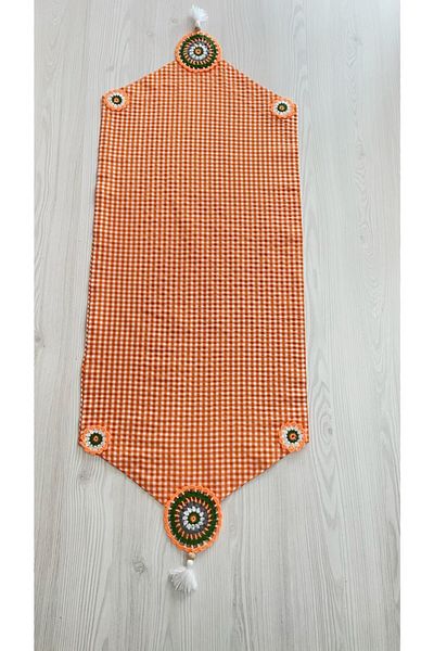White Alamode Orange and White Square Pattern - Motif and Tassel Runner