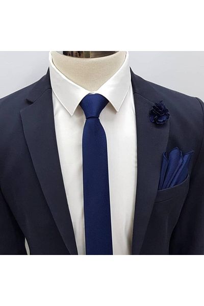 Brianze Men's Navy Blue Tie Handkerchief Collar Flower Set Kmd-6