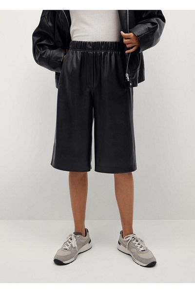 MANGO Woman Women's Black Leather Look Bermuda Shorts