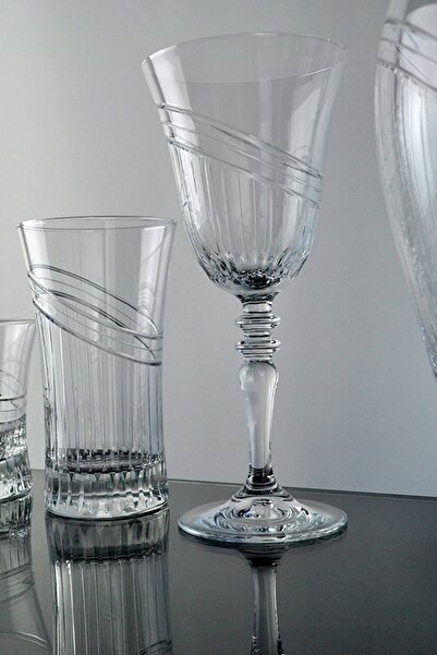 KCD Seremoni Sade Kesme El Dekor Yaldızlı Desenli Cam 6 Adet Ayaklı Bardak Kadeh