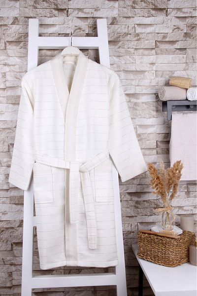 Baveno Unisex Κρέμα 100% βαμβακερό γκλίτερ Λεπτομερής ρόμπα κιμονό