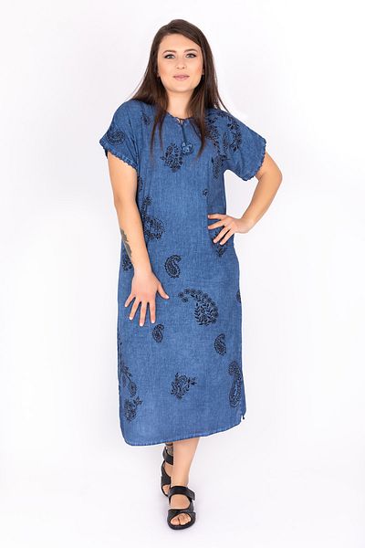 Kardelen Butik Ümraniye Women's Blue Washed Sile Cloth Short Sleeve Dress