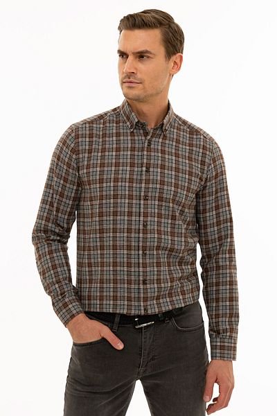 Pierre Cardin Ανδρικό πουκάμισο καφέ Regular Fit G021SZ004.000.1109141