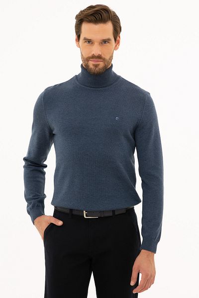 Pierre Cardin Мъжки индигово меланжиран трикотажен пуловер с пълна яка с висока яка