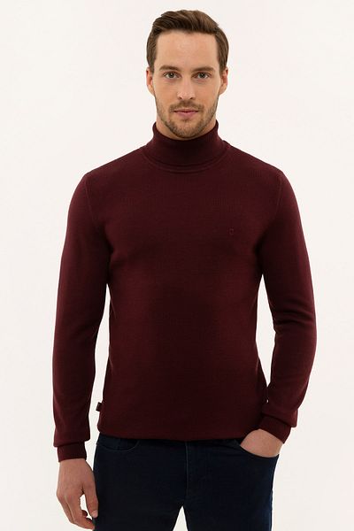 Pierre Cardin Men's Claret Red Slim Fit Full Turtleneck Basic Knitwear Sweater
