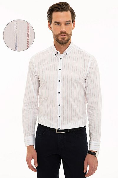 Pierre Cardin Λευκό Slim Fit πουκάμισο με μπορντό λεπτομέρεια