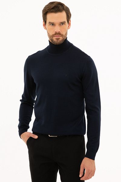 Pierre Cardin Мъжки тъмносин тънък пуловер с пълна яка и трикотаж G021SZ0TK.000.1111419