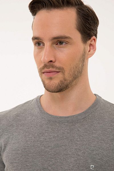 Pierre Cardin Men's Gray Melange Slim Fit Crew Neck Basic Knitwear Sweater