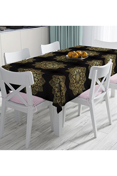 Realhomes Digitalno štampani stolnjak sa zlatnim mandala motivom na crnoj poz...
