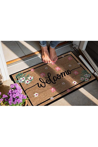 Evsebu Dekoratif Kapı Önü Paspası Welcome Pembe Çiçek