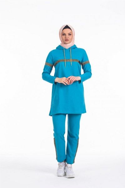 CNG MODA Women's Glitter Stripe Turquoise Hijab Tracksuit Set
