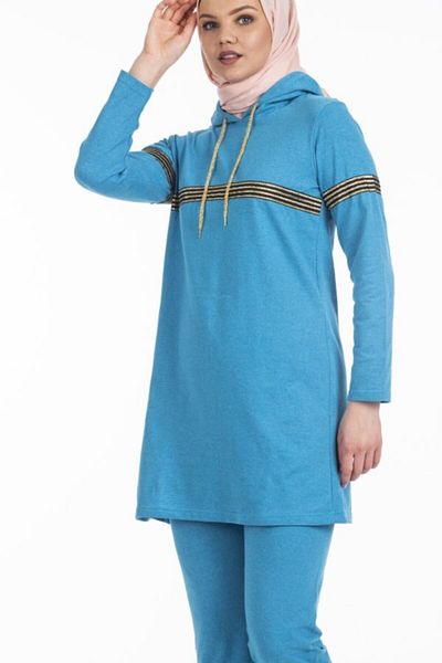 CNG MODA Women's Glitter Stripe Turquoise Hijab Tracksuit Set