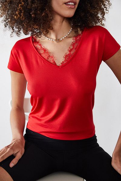 XHAN Women's Red Lace V-Neck Blouse 0YZK2-10102-04