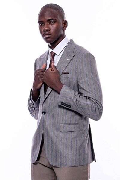 Wessi Ekose Çizgili Slim Fit Gri Erkek Ceket - Wessi