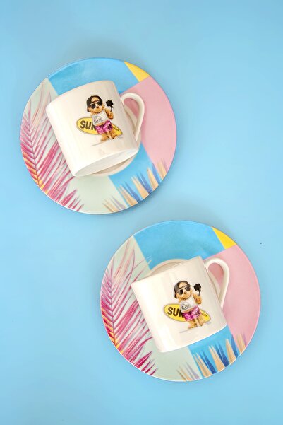 Bursa Porselen Dekor Teddy Bear Beach Iki Kişilik Kahve Fincan Takımı