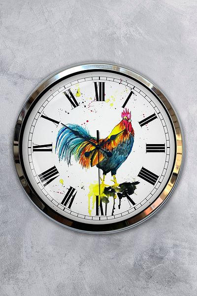 Kasva Concept Cadou 40 Cm Ceas de Perete Metal Cromat Cocoș