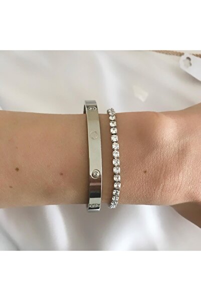 FEY AKSESUAR Women's Zircon Stone Silver Color. Model Steel Cuff Bracelet