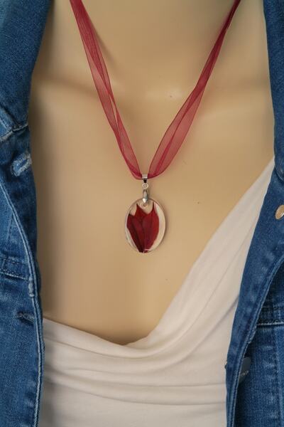 maycollection Gerçek Bordo Yapraklar Oval Epoksi Tasarım Kolye