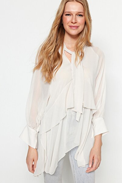 Trendyol Collection Μπεζ υφασμένη γραβάτα Λεπτομερής Μπλούζα TWOSS23BZ00731