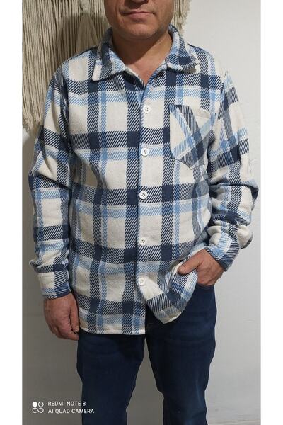 BS Bahriye Sevinç Erkek Kışlık Kalın Yünlü Cepli Mavi Beyaz Ekose Desenli Oduncu Gömleği