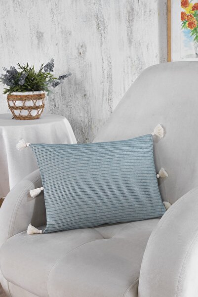 ÖDEL HOME قماش سميك مخطط باللون الأزرق البترولي - وسادة رمي مقاس 35 × 50 سم