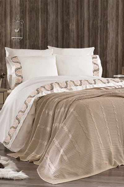 Minelya Home Collection Σετ κρεβατιού 7 τεμαχίων πλεκτό κεντημένο Meyra βαμβακερό διπλό μπεζ