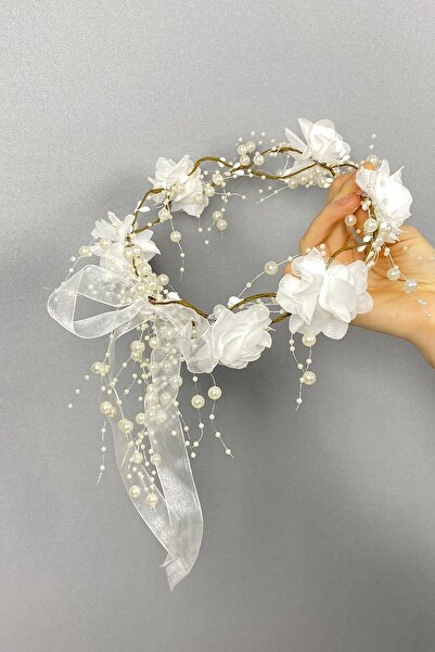 Hobigram Coroană de domnișoară de onoare cu design special Coroană de fotografiere în aer liber cu trandafir alb cu perle – Bandă de păr, design elegant – Bandă de păr