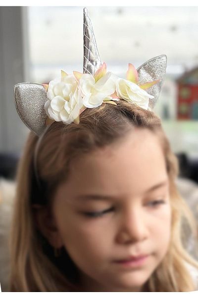 QUEEN AKSESUAR Silver Gray Glitter Floral Horned Unicorn Crown Birthday Special Day Children's Crown