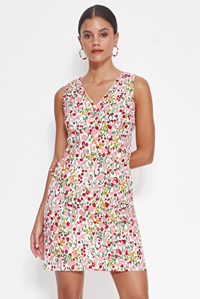 Trendyol Collection Pink A-Cut Mini Woven Patterned V-Neck Woven Dress TWOSS23EL00844