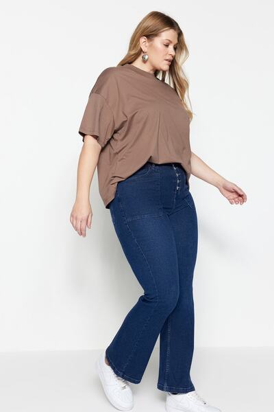 Trendyol Curve Blugi confort cu talie înaltă albastru închis Flare Fit TBBAW23CJ00033