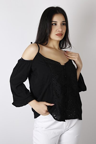 brako tekstil Kadın Siyah Sırt Dekolteli Üst