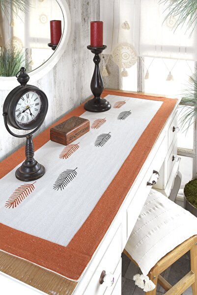 ÖDEL HOME Buldan Kumaşı Bordürlü Taş Baskılı Yaprak Desenli Runner