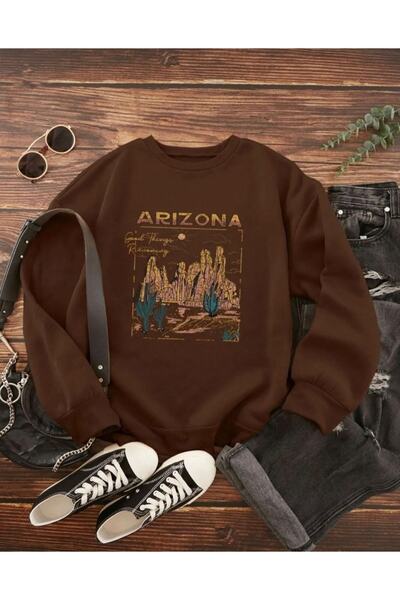 LOUİSA سويت شيرت بني بتصميم أريزونا 3 خيوط مقاس كبير للجنسين
