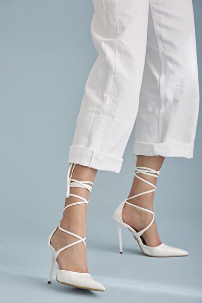 AYAKKABI PRENSİ Pantofi cu toc stiletto pentru femei, cu șireturi la gleznă, alb mat, 10 cm