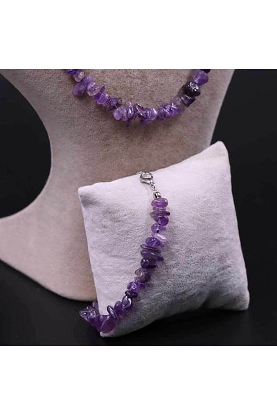 MYTAKIAĞACIMFH Amethyst Stone Unshaped Broken Stone Necklace Bracelet Set (with Chain Extension)